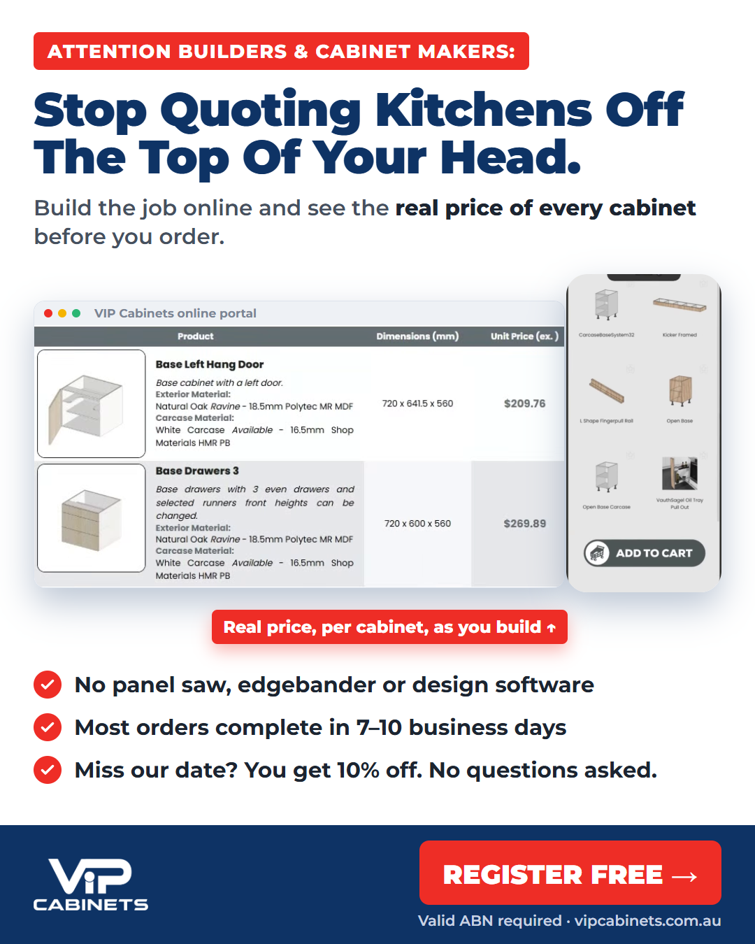 VIP Cabinets trade ad: Stop guessing what a job's worth